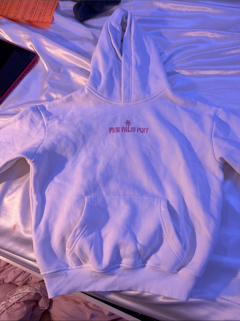 Pink Palm Puff White Logo Hoodie